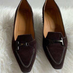 Tod's Brown Suede Heeled Loafer with T Buckle